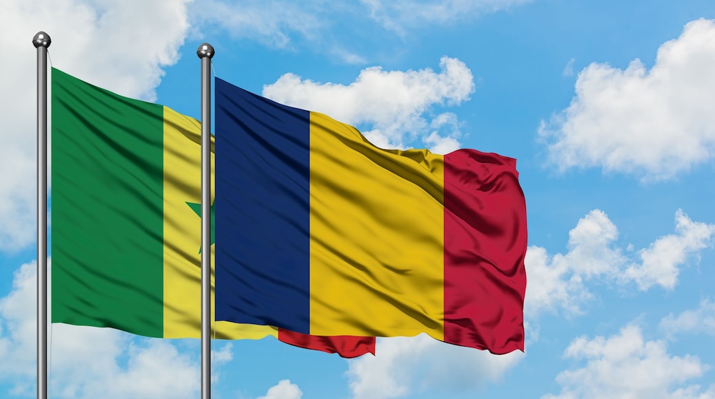 Senegal and Chad flag waving in the wind against white cloudy blue sky together. Diplomacy concept, international relations.