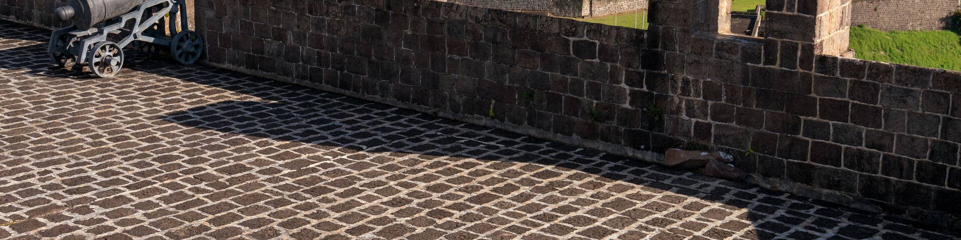 A historic cannon on a brick wall overlooking a coastal landscape with a clear sky.