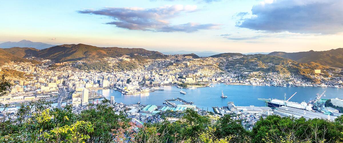 A coastal city with a harbor, mountains in the background, and dense urban development.