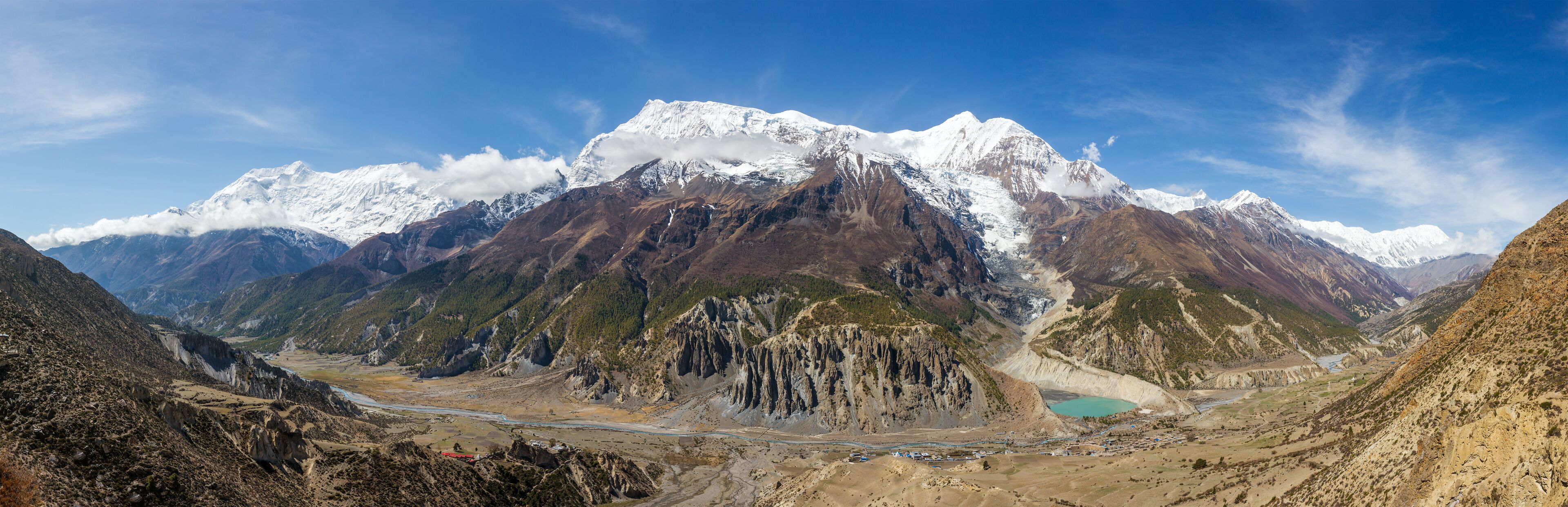 Panoramic view of Manang valley and Annapurna mountains range. Annapurna circuit trek, Nepal