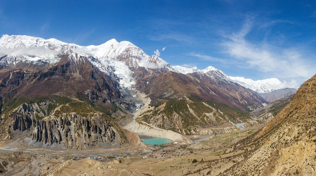 Panoramic view of Manang valley and Annapurna mountains range. Annapurna circuit trek, Nepal