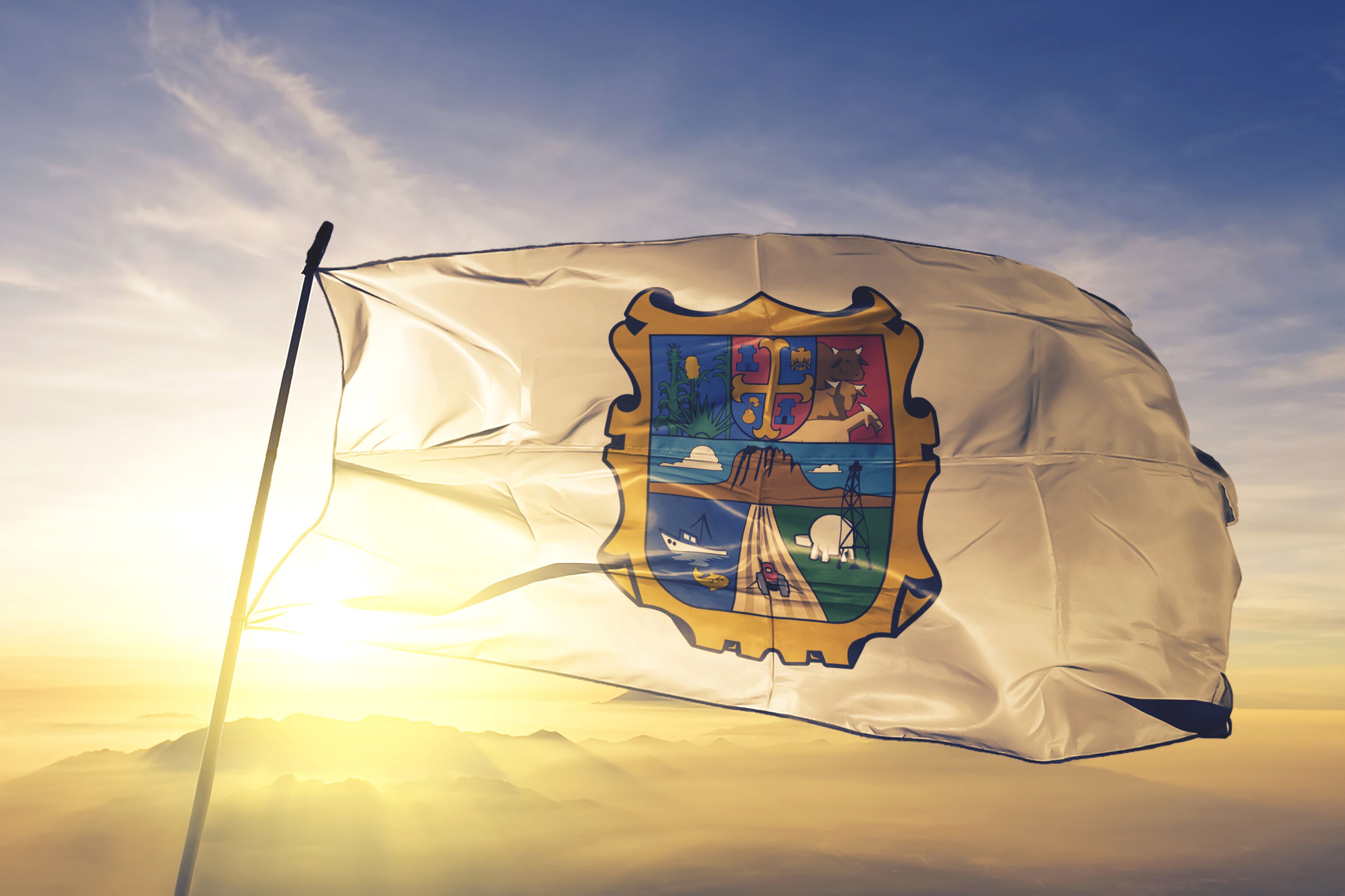 Tamaulipas state of Mexico flag waving on the top sunrise mist fog