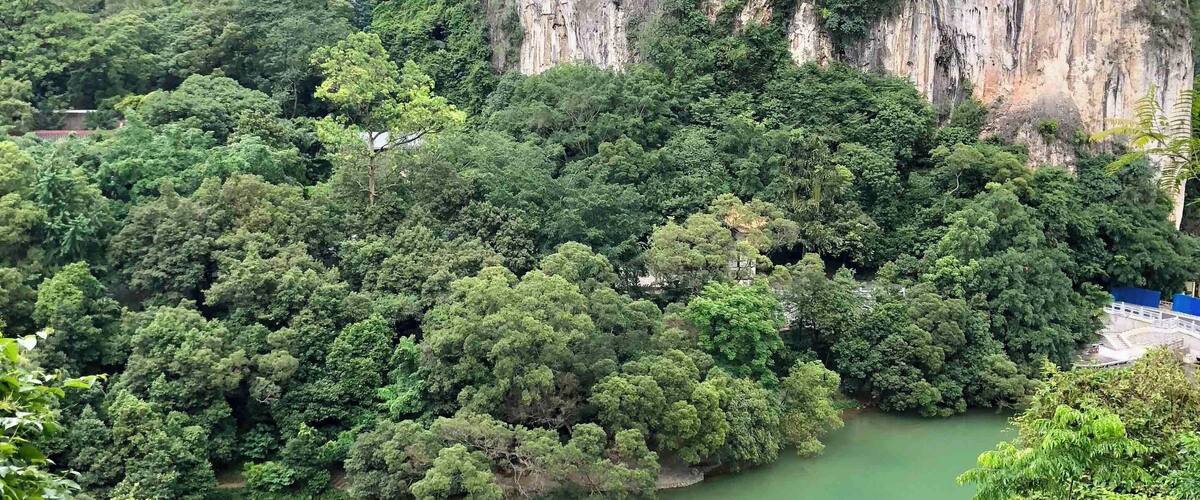 A mountainous landscape with dense green forests and a calm green lake.