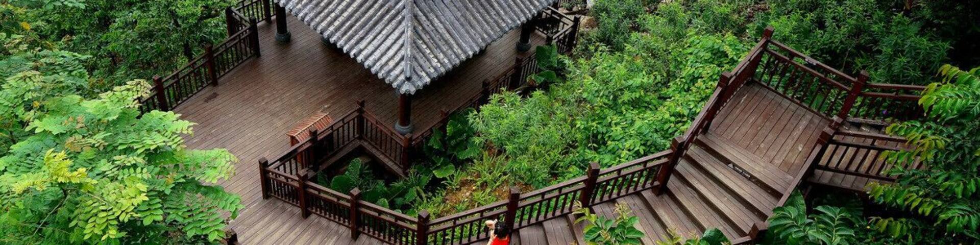 A traditional wooden structure with a tiled roof surrounded by lush greenery and a river.