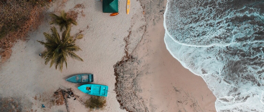 Uma praia com palmeiras, uma pequena cabana e um canoa azul.