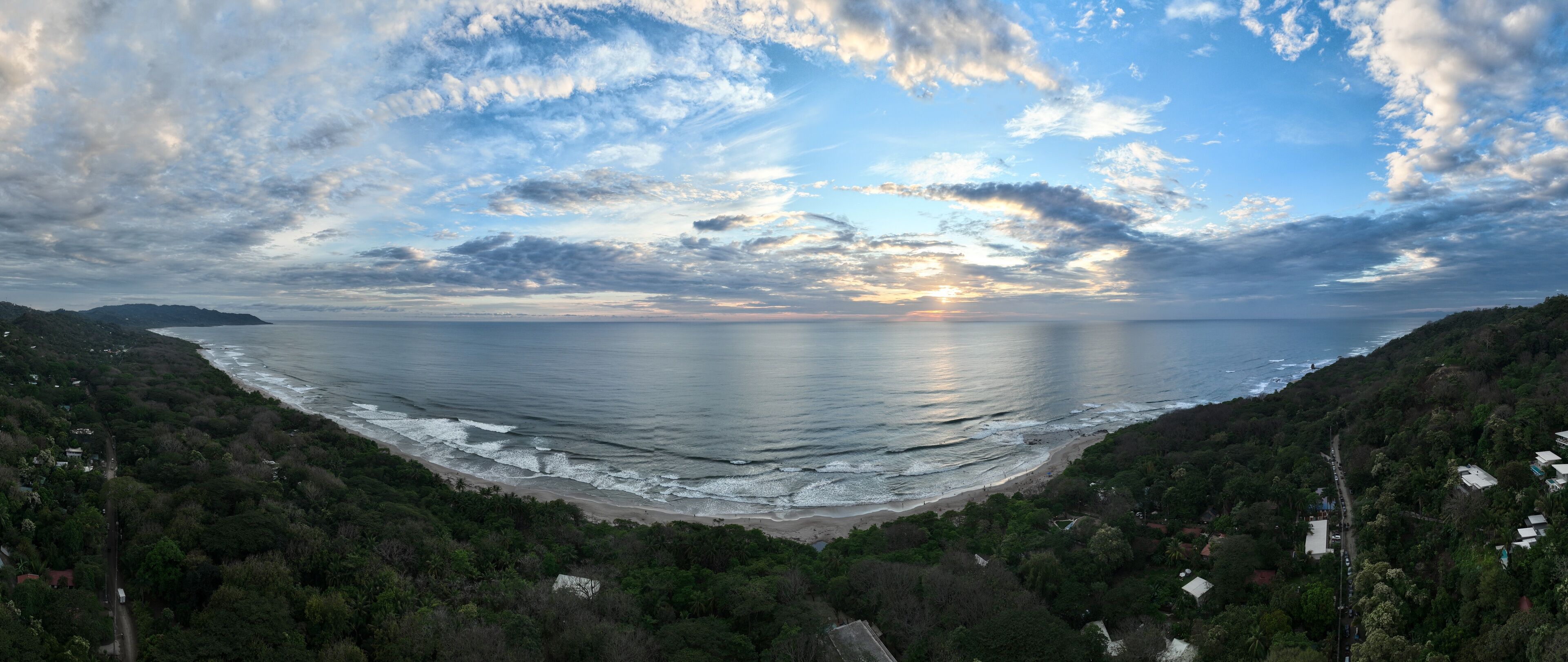 Sunset over Playa Mal Pais, Santa Teresa, Costa Rica aerial panorama