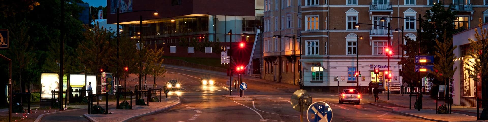 Aarhus welches beinhaltet Stadt, bei Nacht und Outdoor-Kunst