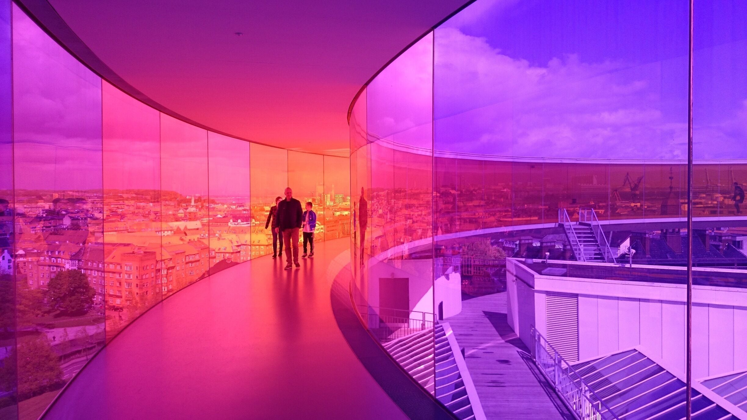 The rainbow panorama at the top of the Art Museum in Århus. A 360 degree rainbow hallway around the top of the museum, with views over Århus. Really awesome place to see! 