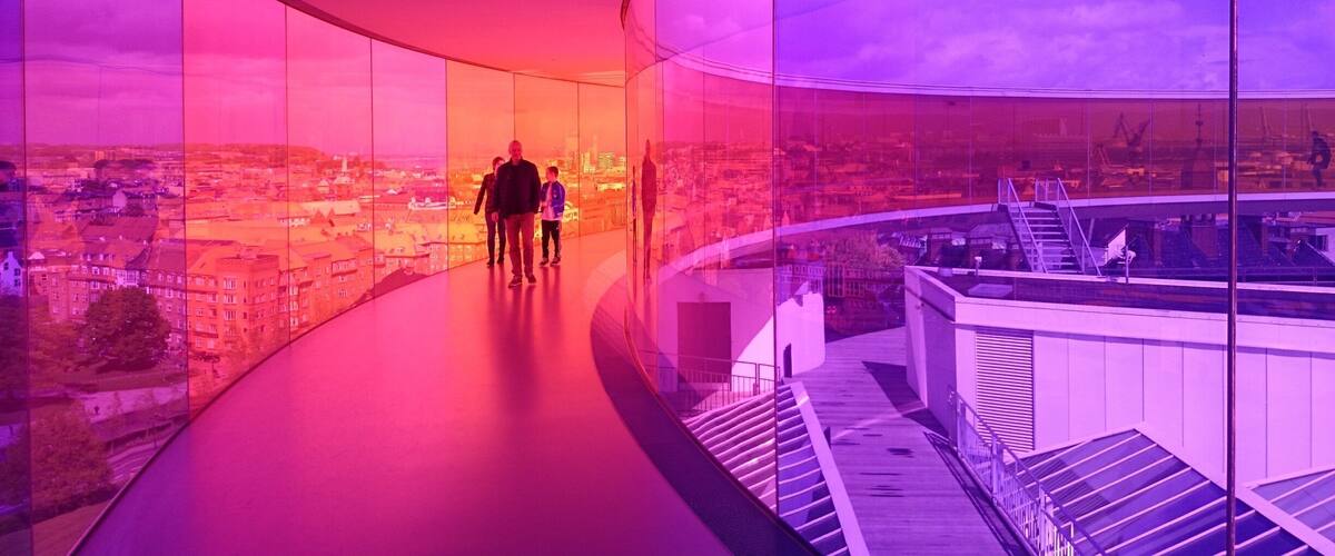 The rainbow panorama at the top of the Art Museum in Århus. A 360 degree rainbow hallway around the top of the museum, with views over Århus. Really awesome place to see!
