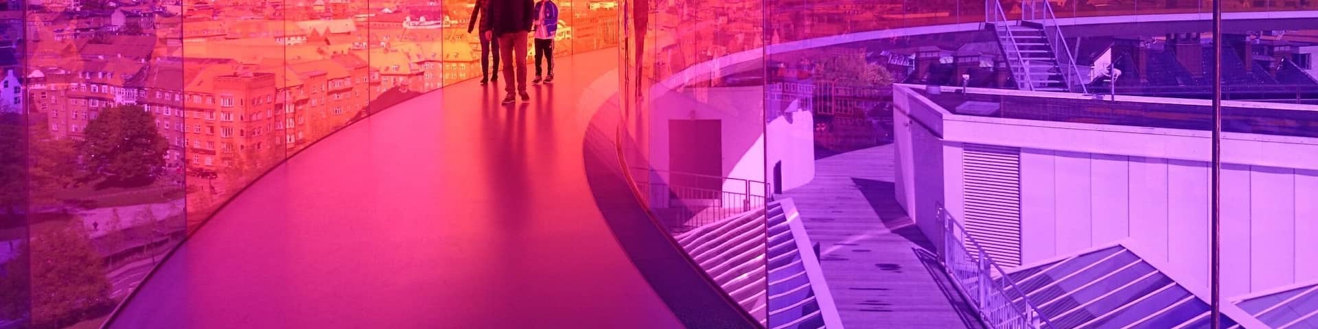 The rainbow panorama at the top of the Art Museum in Århus. A 360 degree rainbow hallway around the top of the museum, with views over Århus. Really awesome place to see!