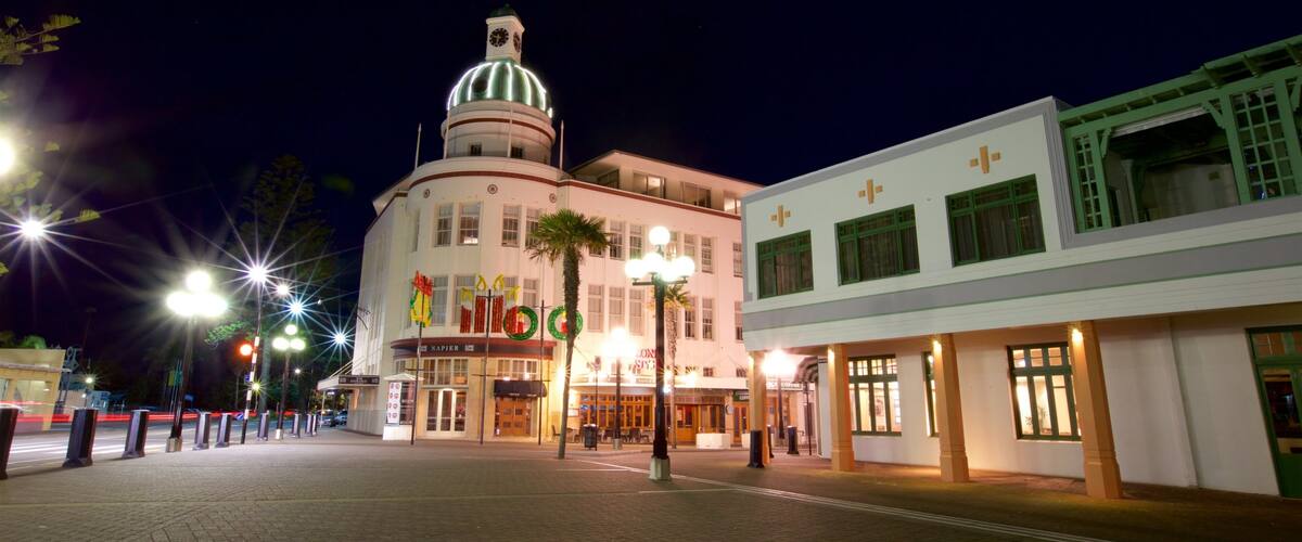 Napier which includes a square or plaza and night scenes