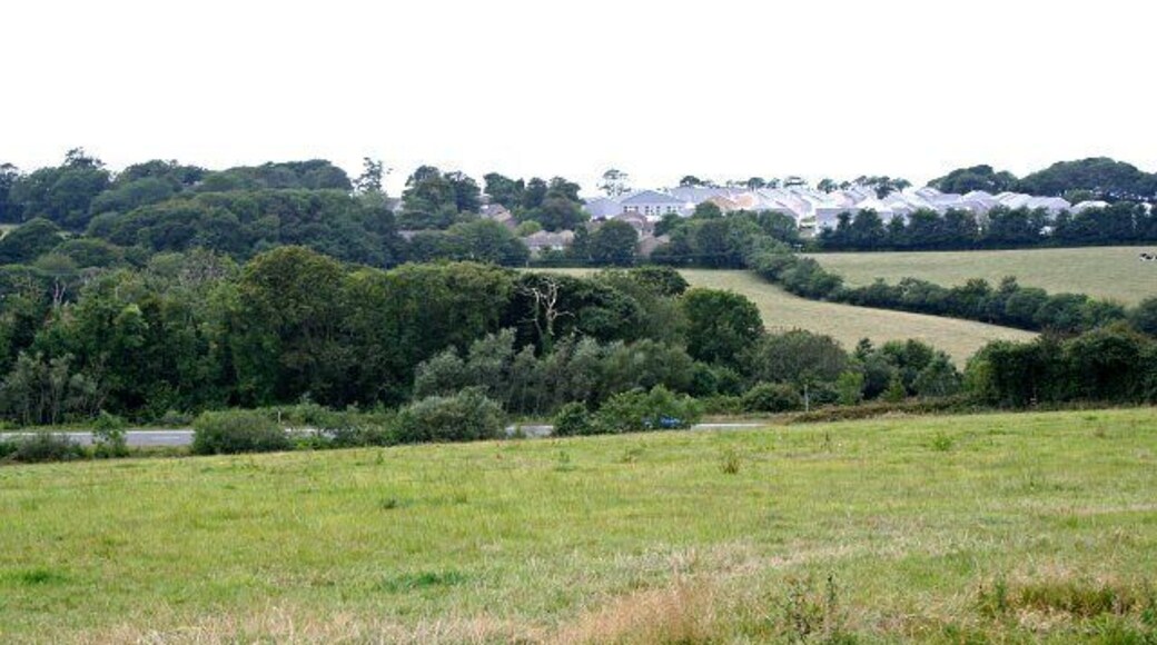 Across the Valley to Killaworgey. This photograph was taken from just outside the eastern edge of this grid square and looks out over the valley and the main A39 road to a new housing development at Killaworgey.