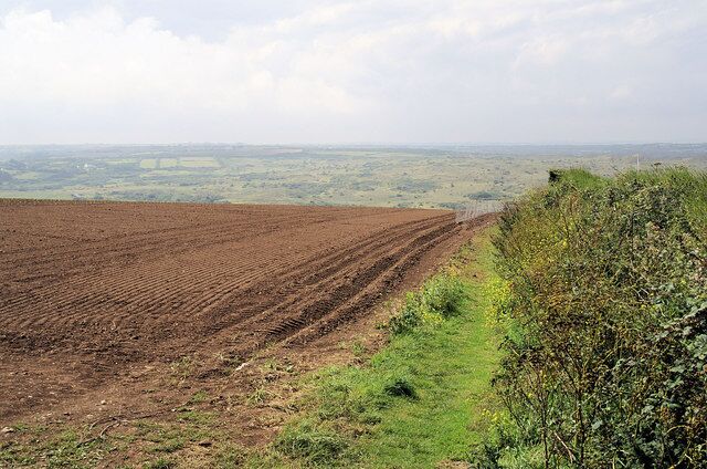 A plowed field with a grassy hill and distant landscape.
