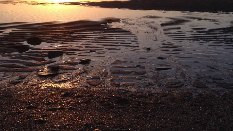 A beach at sunset with footprints and wet sand.