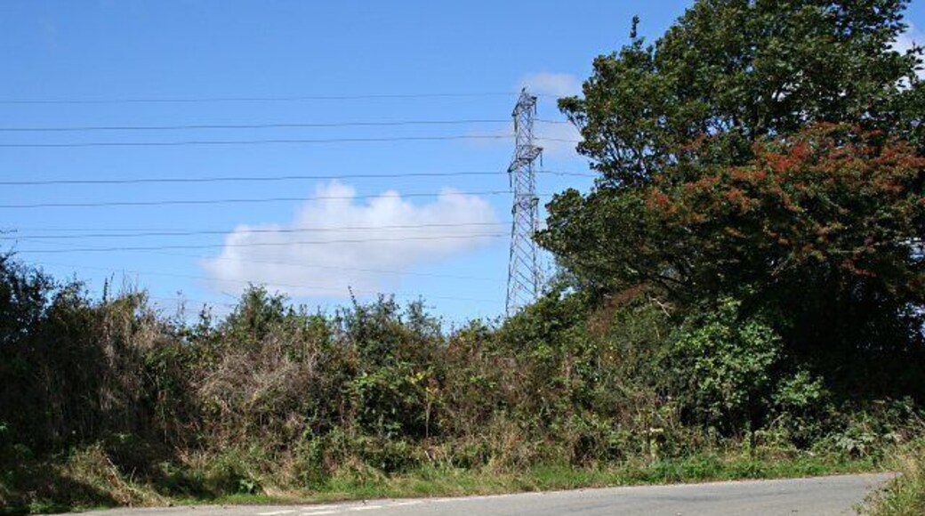 Bend in the Road and a Pylon. You cannot escape the high voltage electricity lines here, there are three of them running through this square.