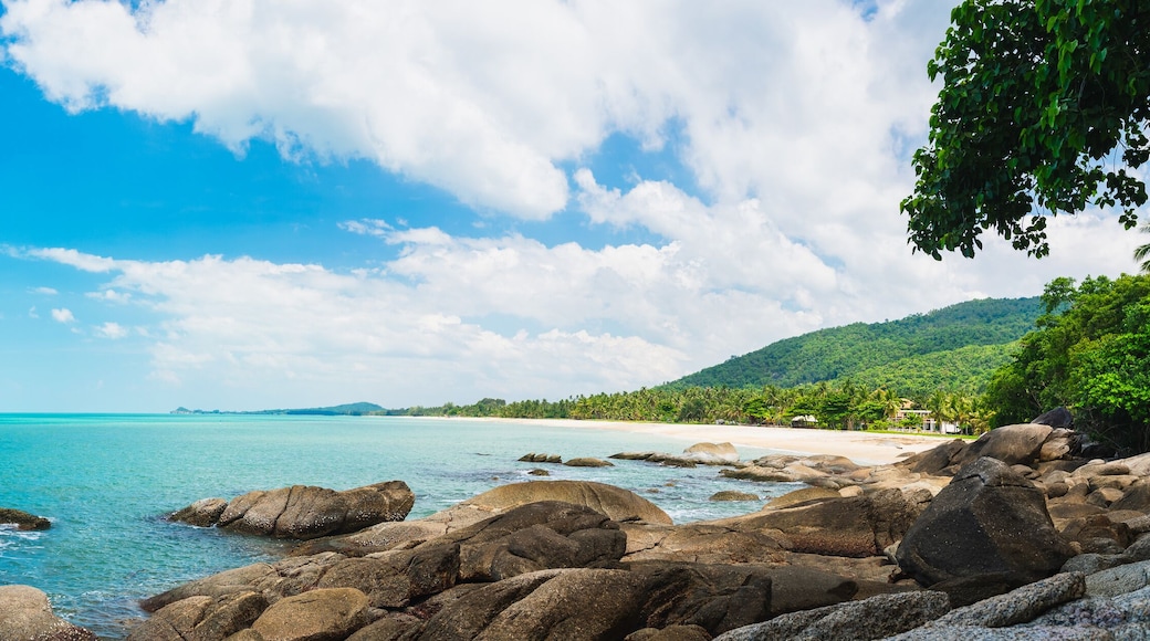 Wide panorama traveler woman in dress stand on rock joy nature scenic landscape Sichon beach, Panoramic view tourist travel thailand summer holiday vacation, Tourism beautiful destinations place Asia