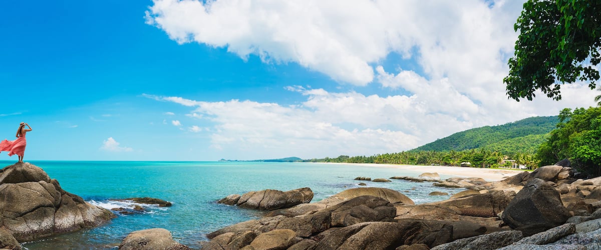 A woman in a pink dress standing on a rock by a turquoise sea, with a beach and lush greenery in the background.