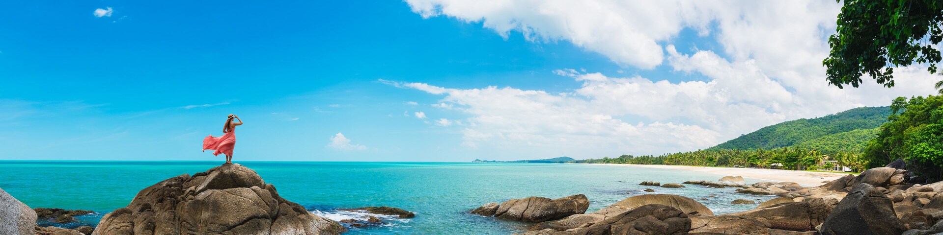 A woman in a pink dress standing on a rock by a turquoise sea, with a beach and lush greenery in the background.