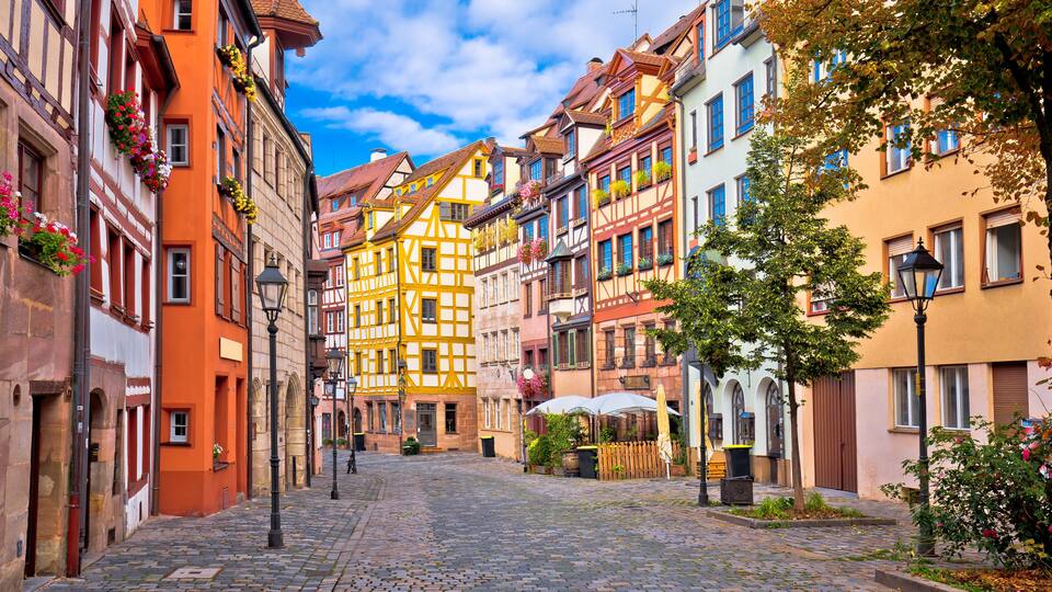A cobblestone street lined with colorful half-timbered buildings, a tree with flowers, and a street lamp.