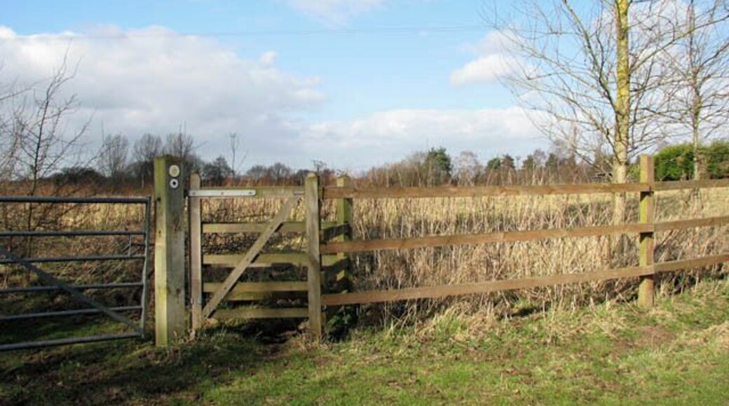 The path continues here Turning off an unsurfaced track, the path continues through the kissing gate seen in the foreground. This public footpath links Short-Thorn Road with Brick Kiln Road, further to the north.