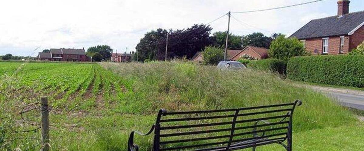 A bench in a grassy field with a road and houses in the background.