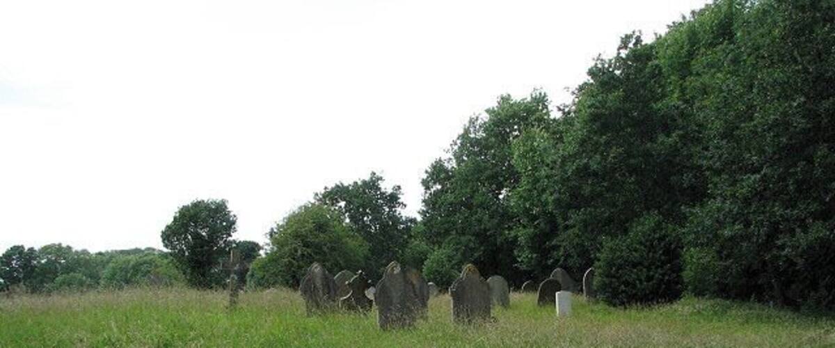 A cemetery with headstones in a grassy field, surrounded by trees.