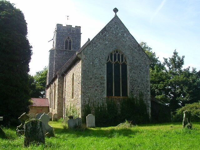 All Saints Church, Postwick. Slight overexposure suggests that weathervane is floating above the tower: - it doesn't really!