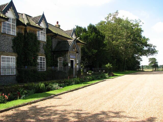 View past Elderton Lodge to entrance to Gunton Park