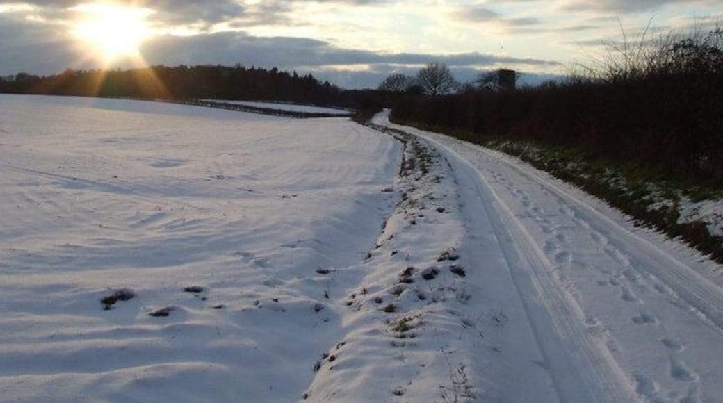 Setting Sun The setting sun over snow covered countryside near to Rackheath, Norfolk.