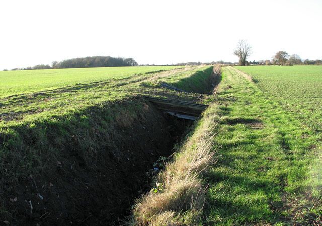 Farm bridge over ditch beside footpath. This public footpath starts by a former crossing cottage on the Waveney Valley Line > 1595953 - 1595964 west of the A140 (Norwich Road), leading westwards to Tivetshall St Margaret. The woodland seen in the background (at left) is Rectory Wood.