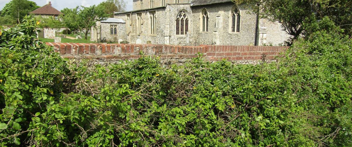 A historic stone church with a tower and arched windows, surrounded by lush greenery.