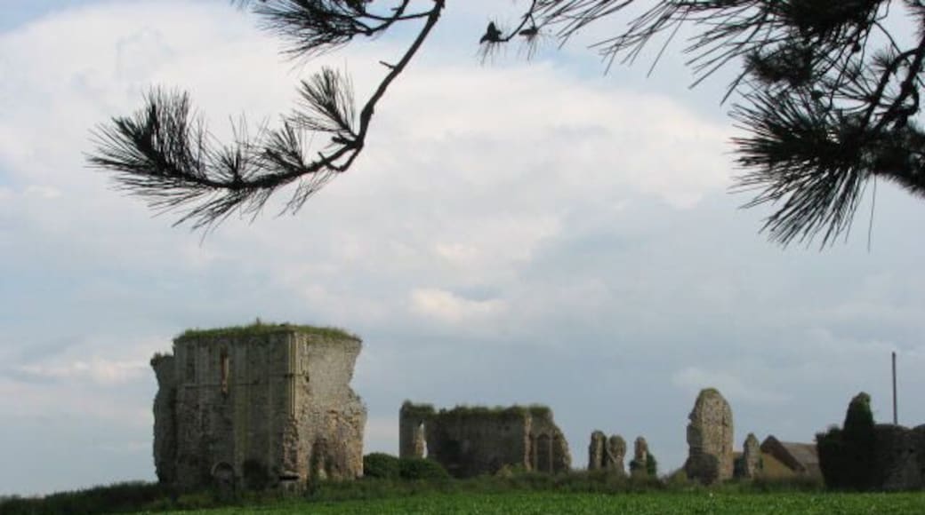 Broomholm Priory. Broomholm Priory is situated to the east of Bacton, close to the village boundary. It was founded in 1113 by William de Glanvill . The priory is said to once have possessed a piece of the true cross, making it one of the most holy places in Europe and one of the largest pilgrimage centres in East Anglia. King Henry III was one of the pilgrims in 1226, and on 6th April of the same year he granted Bromholm the right to hold a fair of three days for the festival of the Exaltation of the Cross (14th-17th September). and its name has been immortalised in Chaucer's "Canterbury Tales". The Broomholm monks are said to have used it to cure diseases, and even to raise people from the dead. In February 1537 the chief commissioner of Henry VIII was sent to Broomholm to collect the relics and the cross disappeared from history. The priory was suppressed in 1536 and ruins are all that now remain. Now located on private land they can be glimpsed through the arch of the ruined gatehouse on Abbey Street > 489965