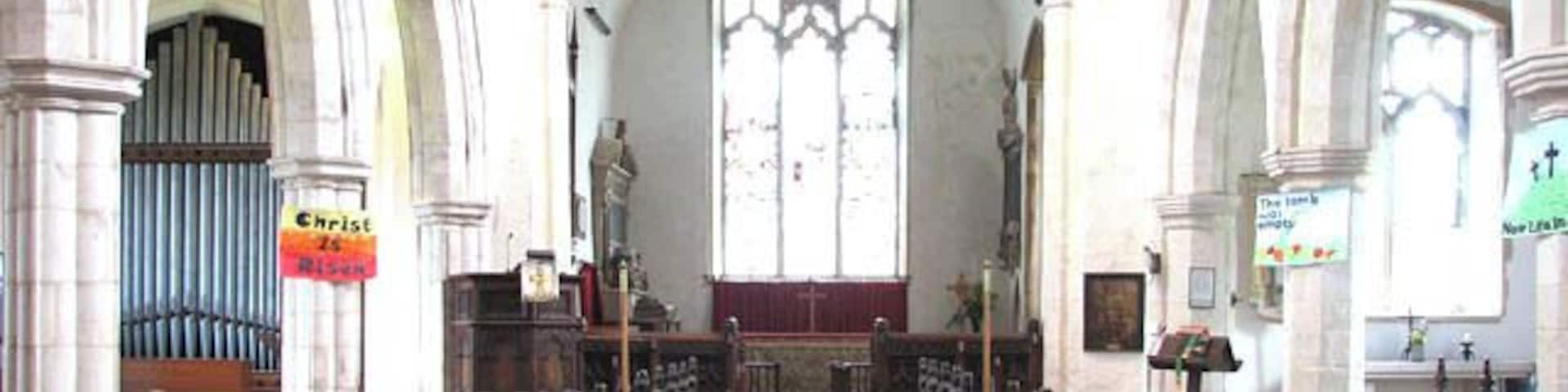 St Mary's church - view east St Mary's church > https://www.geograph.org.uk/photo/1356351 - https://www.geograph.org.uk/photo/1363765 has a round tower that dates from Norman times and is capped with a lead-covered spike but the building as it stands today was built in four stages, the latest being an extensive restoration in Victorian times. The chancel is believed to date from the 14th century. It houses a C17 tomb chest and monument to Sir Edmund Reeve and his wife Mary > https://www.geograph.org.uk/photo/1363731. The east window contains a mixed variety of medieval and continental glass > https://www.geograph.org.uk/photo/1363709 - https://www.geograph.org.uk/photo/1363715 which was installed during the 19th century and came from a Norwich merchant. The octagonal font > https://www.geograph.org.uk/photo/1363782 is C15 but its cover is Jacobean, as is the pulpit > https://www.geograph.org.uk/photo/1363749. All the original benches were replaced during the 19th century restoration but the old carved bench ends > https://www.geograph.org.uk/photo/1363744 were retained and fixed to the new ones. Unusually, there is a clock on the west wall > https://www.geograph.org.uk/photo/1363776 - it dates from the end of the 17th century and is an interesting early survival in its original form. Fragments of early wall paintings have survived beside the south door. The church's greatest treasure is the Sexton's wheel > https://www.geograph.org.uk/photo/1363791 - one of only two that have survived (the other one is at nearby St Mary's church > https://www.geograph.org.uk/photo/1083222 in Yaxley, Suffolk, about 15 kilometres distant). St Mary's church is kept locked.