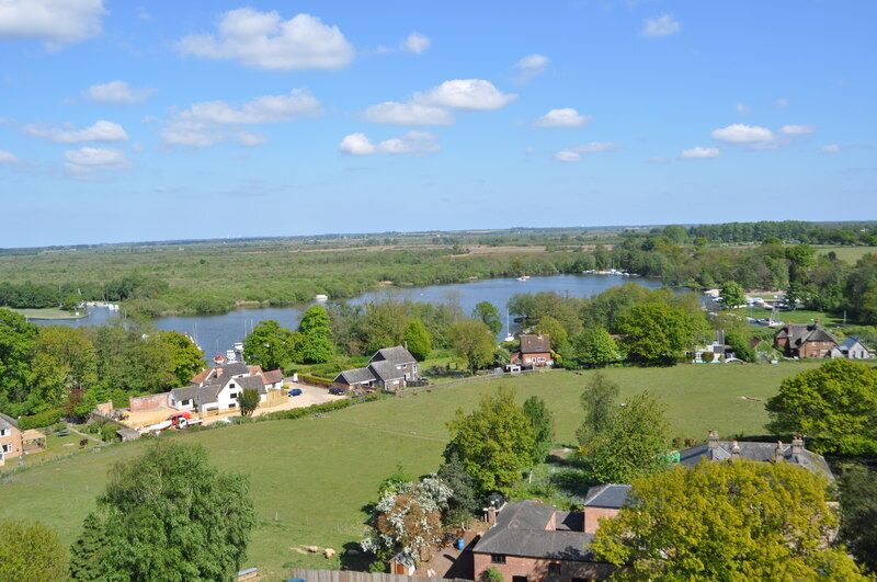Malthouse Broad from Ranworth Church Tower, near to Ranworth, Norfolk, Great Britain. The village of Ranworth is just a scattering of houses.