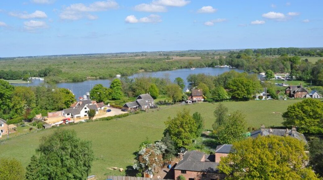 Malthouse Broad from Ranworth Church Tower, near to Ranworth, Norfolk, Great Britain. The village of Ranworth is just a scattering of houses.