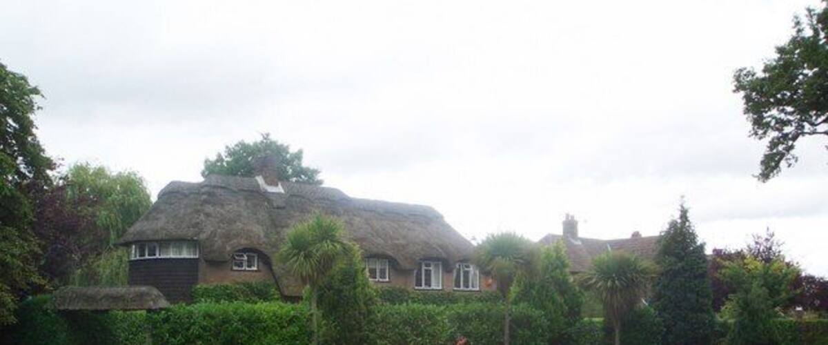 A house with a thatched roof, surrounded by a well-maintained lawn and a road in the foreground.