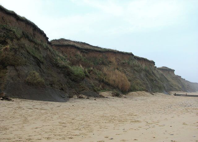 Slipping onto the beach. The cliff face here is wet because of water trickling down from the landward side. Wave action is undermining the cliff face from the seaward side; here the sea is eating away at the layer of dark clay which forms the cliff base - crumbling and eventually toppling onto the beach. The layers above are slipping downwards, taking all vegetation with them. The exposed cliff face is easy prey for wind and weather. All that remains of the revetments along this section of coastline is a skeleton of bare posts with nothing much in between. See > 34223 for a view taken from above. Coastal erosion in the vicinity has been estimated at an approximate rate of one metre/year, which accounts for the loss of a strip of land approximately two kilometres wide since the Roman invasion in 43 CE, resulting in the disappearance into the sea of several medieval villages.