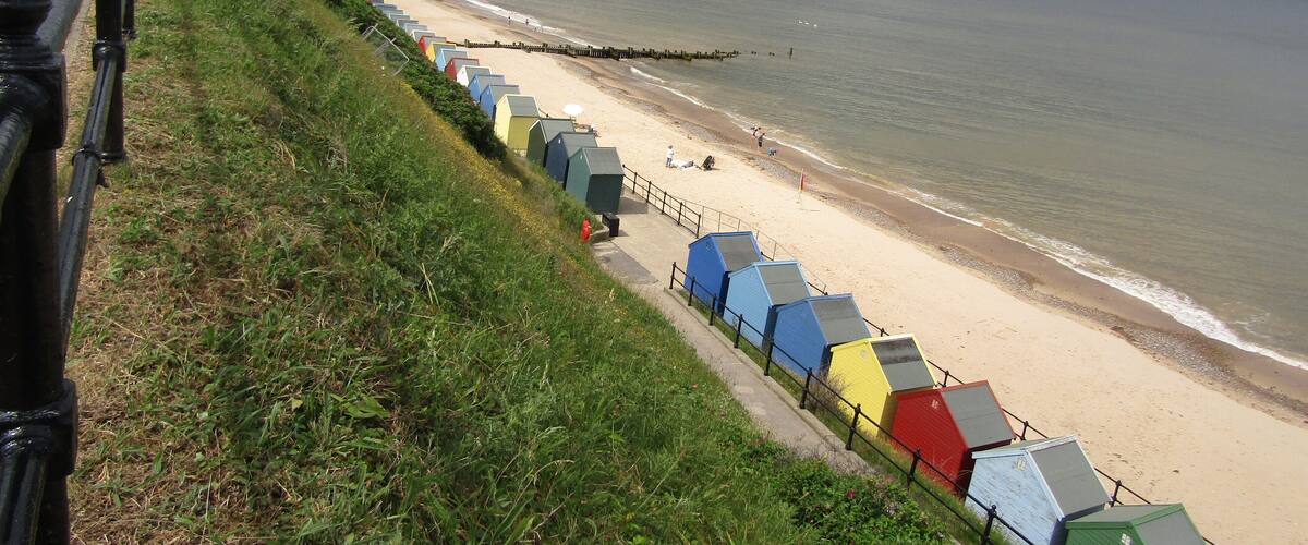 Looking north west along the promenade and Mundesley beach in the village of Mundesley, Norfolk, United Kingdom.