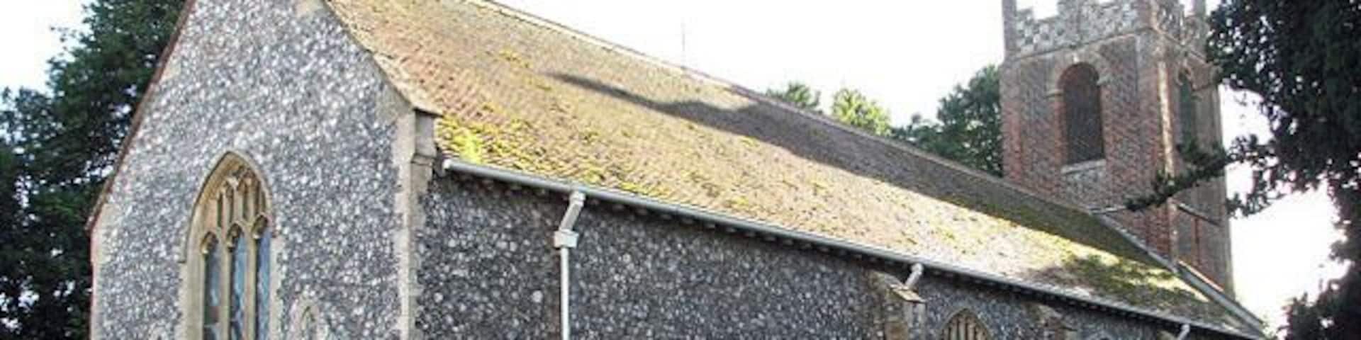 St Mary's church. St Mary's C18 red-brick tower > 920077 was built onto the foundations of a medieval tower; the tower survived a fire that destroyed most of the church building in December 1891. Consequently, the interior > 312369 - 920082 - 920084 and glass windows date from this time. The church is kept locked. See also: http://www.norfolkchurches.co.uk/greatplumstead/index.html