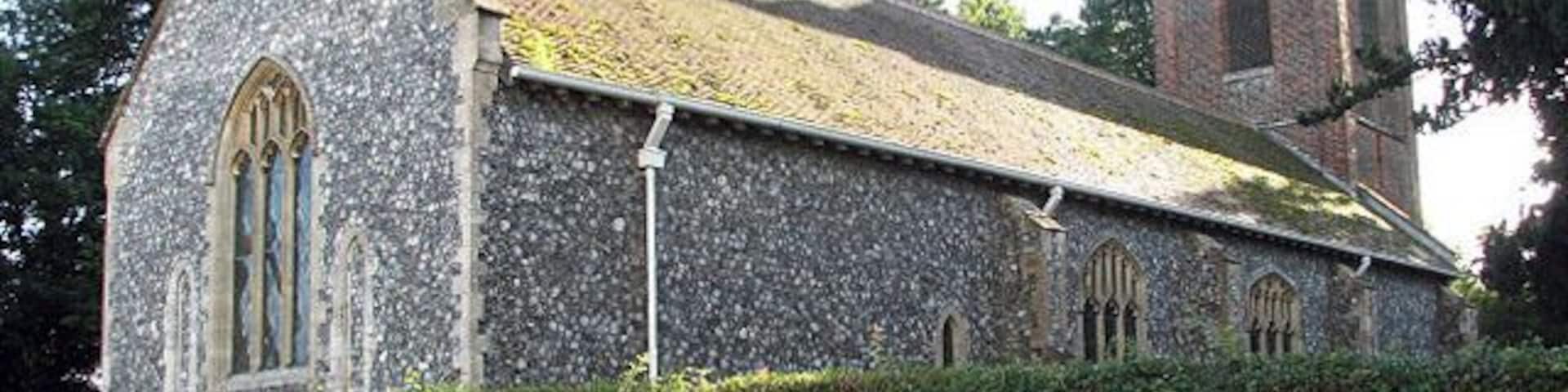 St Mary's church. St Mary's C18 red-brick tower > 920077 was built onto the foundations of a medieval tower; the tower survived a fire that destroyed most of the church building in December 1891. Consequently, the interior > 312369 - 920082 - 920084 and glass windows date from this time. The church is kept locked. See also: http://www.norfolkchurches.co.uk/greatplumstead/index.html