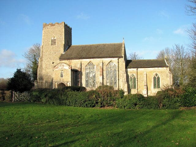 All Saints Church. All Saints church dates from the 13th century. Its large south porch houses a priest's chamber which can be reached by a stone staircase. The perhaps most noteworthy feature inside the church is the alabaster tomb of Sir Edmund de Thorp and his wife Joan > 853005. A few years ago the tomb underwent a substantial and costly restoration to save and preserve it for future generations. The octagonal font > 853004 dates from the 16th century. The church underwent major internal work in the 1990s and is presently kept locked because of recent fire damage.