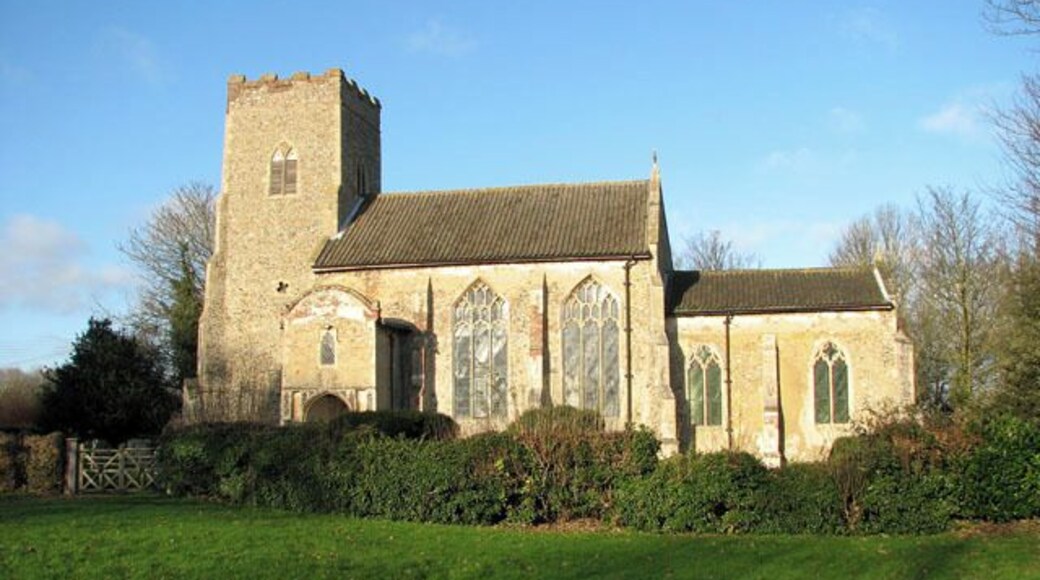 All Saints Church. All Saints church dates from the 13th century. Its large south porch houses a priest's chamber which can be reached by a stone staircase. The perhaps most noteworthy feature inside the church is the alabaster tomb of Sir Edmund de Thorp and his wife Joan > 853005. A few years ago the tomb underwent a substantial and costly restoration to save and preserve it for future generations. The octagonal font > 853004 dates from the 16th century. The church underwent major internal work in the 1990s and is presently kept locked because of recent fire damage.