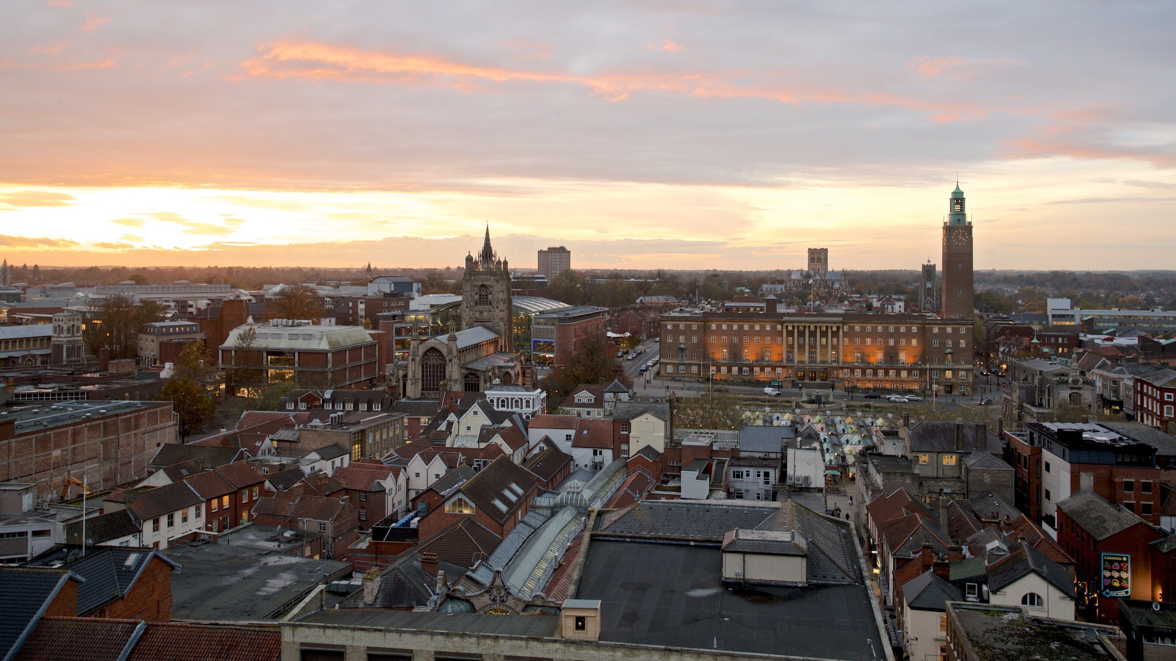 Norwich showing a sunset, a city and landscape views