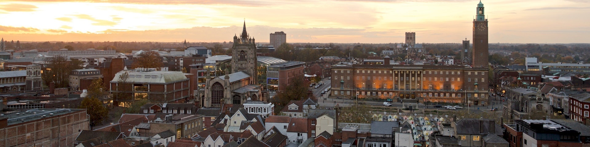 Norwich showing a sunset, a city and landscape views