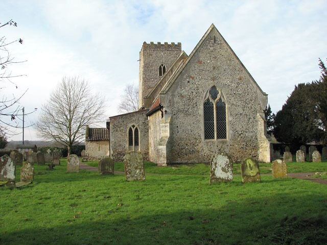 All Saints church. All Saints church > 1692081 - 1692114 dates from the 14th century and is a Grade II listed building. Its south porch is a later addition dating from the 15th or early 16th century, and an extension built onto the north wall and providing modern facilities was completed in 2009. The church houses a number of medieval survivals, amongst them several wall paintings - one depicting St Christopher, another the Annunciation > 1692151. A very rare depiction of a group of women surrounded by three devils, dominated by Titivallus - the Demon of Gossip - is painted on the north nave wall, clearly meant as a warning against gossiping. The rood screen > 1692117 is late C15. The octagonal font > 1692132 is of Purbeck marble and dates from Norman times, whereas the wooden painted cover was added in 1934.