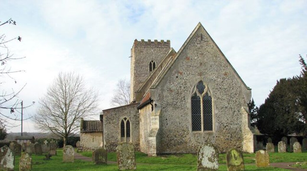All Saints church. All Saints church > 1692081 - 1692114 dates from the 14th century and is a Grade II listed building. Its south porch is a later addition dating from the 15th or early 16th century, and an extension built onto the north wall and providing modern facilities was completed in 2009. The church houses a number of medieval survivals, amongst them several wall paintings - one depicting St Christopher, another the Annunciation > 1692151. A very rare depiction of a group of women surrounded by three devils, dominated by Titivallus - the Demon of Gossip - is painted on the north nave wall, clearly meant as a warning against gossiping. The rood screen > 1692117 is late C15. The octagonal font > 1692132 is of Purbeck marble and dates from Norman times, whereas the wooden painted cover was added in 1934.