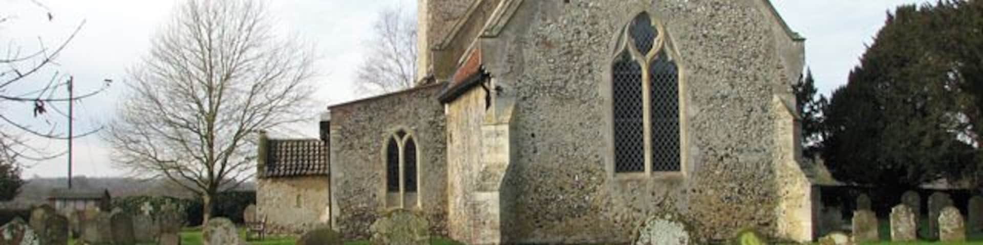 All Saints church. All Saints church > 1692081 - 1692114 dates from the 14th century and is a Grade II listed building. Its south porch is a later addition dating from the 15th or early 16th century, and an extension built onto the north wall and providing modern facilities was completed in 2009. The church houses a number of medieval survivals, amongst them several wall paintings - one depicting St Christopher, another the Annunciation > 1692151. A very rare depiction of a group of women surrounded by three devils, dominated by Titivallus - the Demon of Gossip - is painted on the north nave wall, clearly meant as a warning against gossiping. The rood screen > 1692117 is late C15. The octagonal font > 1692132 is of Purbeck marble and dates from Norman times, whereas the wooden painted cover was added in 1934.