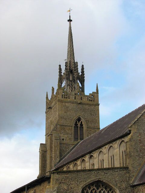 The medieval spire of the church of SS Peter and Paul. For a full view of the church see > 1702998.