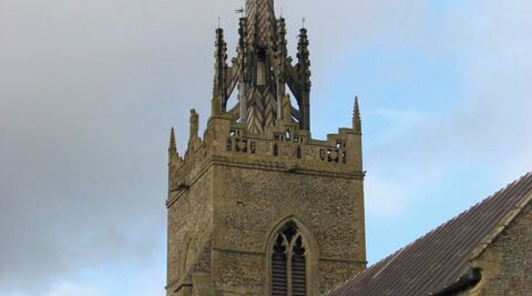 The medieval spire of the church of SS Peter and Paul. For a full view of the church see > 1702998.