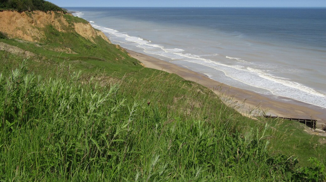 Looking westwards along the coast towards Overstrand from the cliff top in the village of Trimingham, Norfolk, United Kingdom.